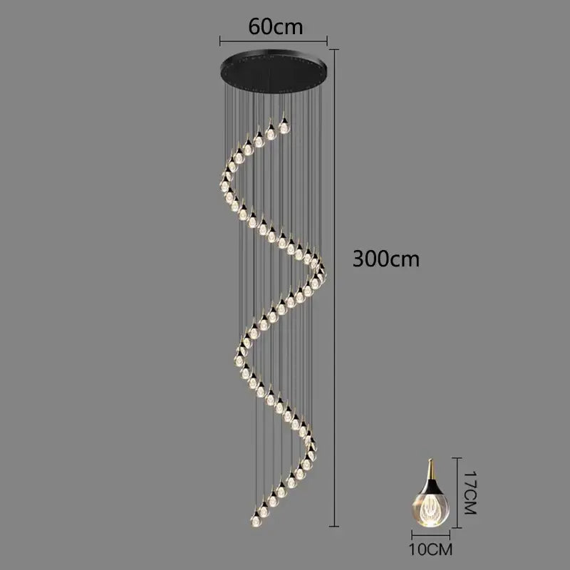Decorbites crystal chandelier stair pendant lamp in black with clear crystal droplets for living room lighting