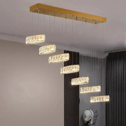 Gold rectangular decorbites crystal chandelier with cascading crystal rings chandelier stair pendant for living room lighting