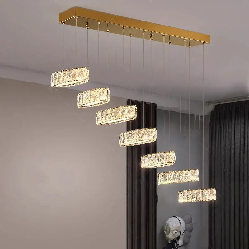 Gold rectangular decorbites crystal chandelier with cascading crystal rings chandelier stair pendant for living room lighting