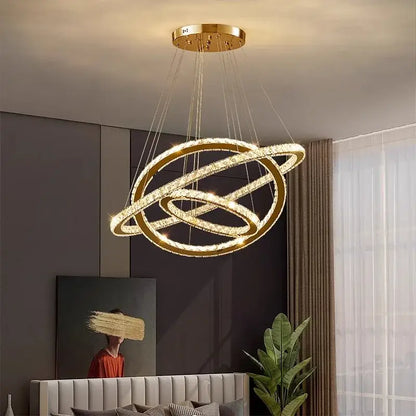 Gold-toned modern decorbites crystal chandelier with interlocking crystal rings for living room stair pendant lighting