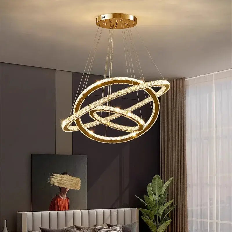 Gold-toned modern decorbites crystal chandelier with interlocking crystal rings for living room stair pendant lighting