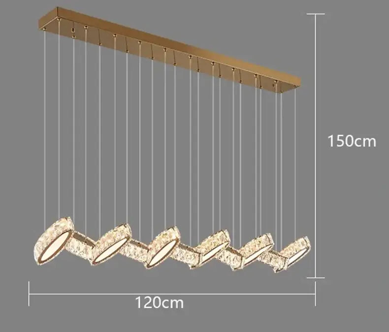 Gold-toned decorbites crystal chandelier stair pendant lamp with crystal-encrusted circular light modules suspended by cords
