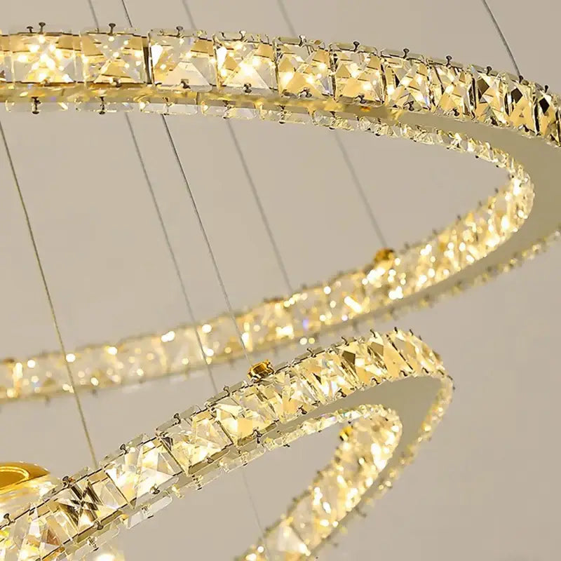 Golden spiral decorbites crystal chandelier pendant lamp with faceted crystal squares for stair interior lighting
