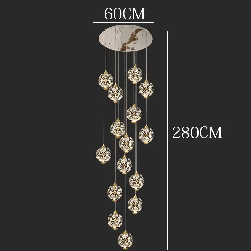 DecorBites crystal chandelier stair pendant lamp with polished chrome mount and twelve clear faceted glass spheres
