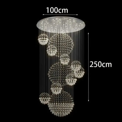 Modern 250cm tall DecorBites crystal chandelier stair pendant with clear crystal tiered spherical clusters and silver mount