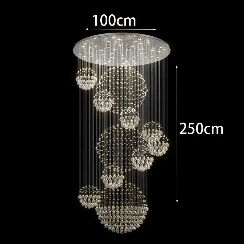 Modern 250cm tall DecorBites crystal chandelier stair pendant with clear crystal tiered spherical clusters and silver mount