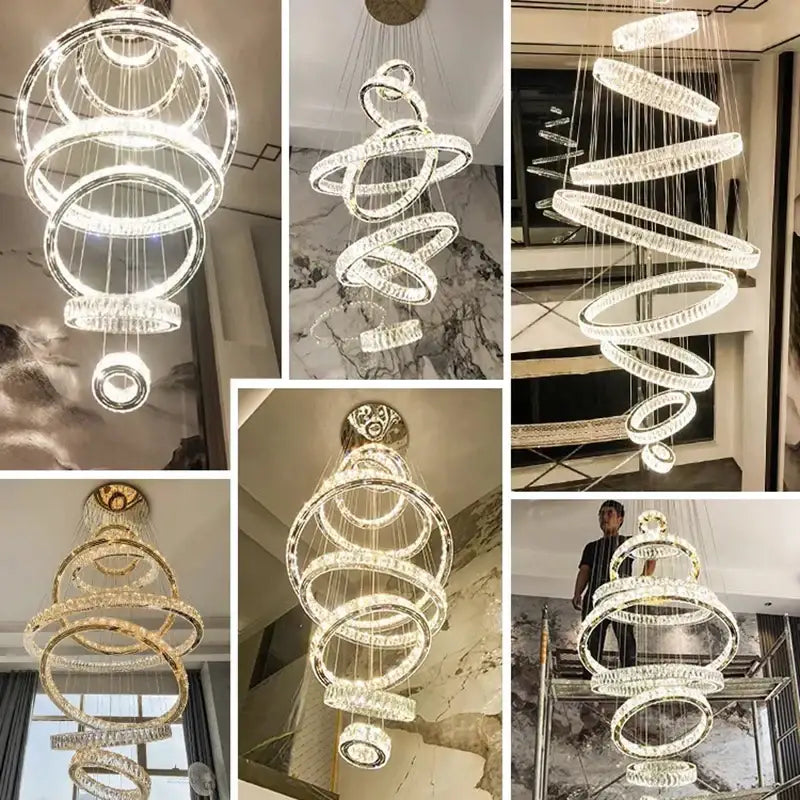 Decorbites crystal chandelier featuring clear crystal spiral design with glowing rings for modern living room lighting