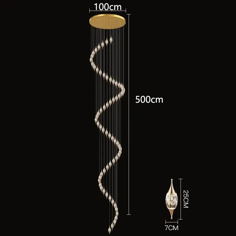 A 500cm tall decorbites crystal chandelier with gold-toned ceiling mount and clear teardrop pendants for living rooms