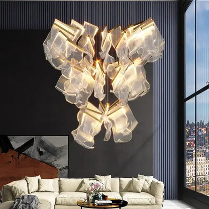 DecorBites crystal chandelier stair pendant lamp with translucent glass layered design and warm golden lighting