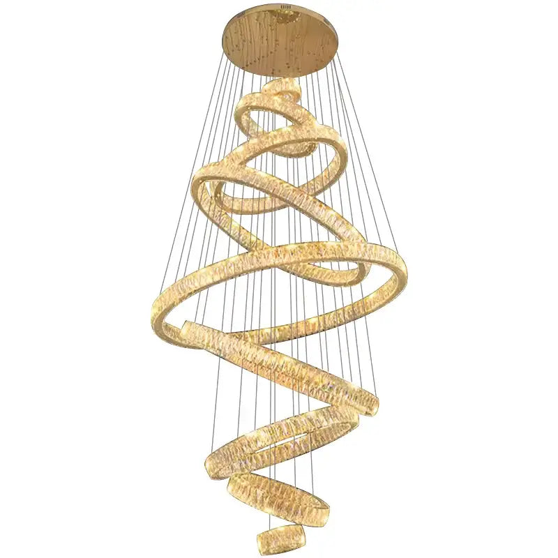 Decorbites crystal chandelier golden spiral with textured illuminated rings and wooden ceiling mount for modern interiors