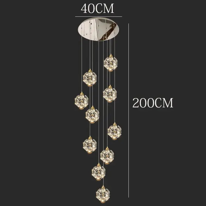 DecorBites crystal chandelier stair pendant lamp with seven clear glass globes and circular mirrored mount