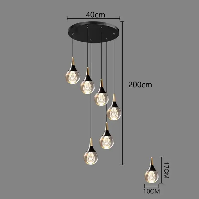 Modern black circular decorbites crystal chandelier stair pendant with five gold-topped glass stair pendant lamps