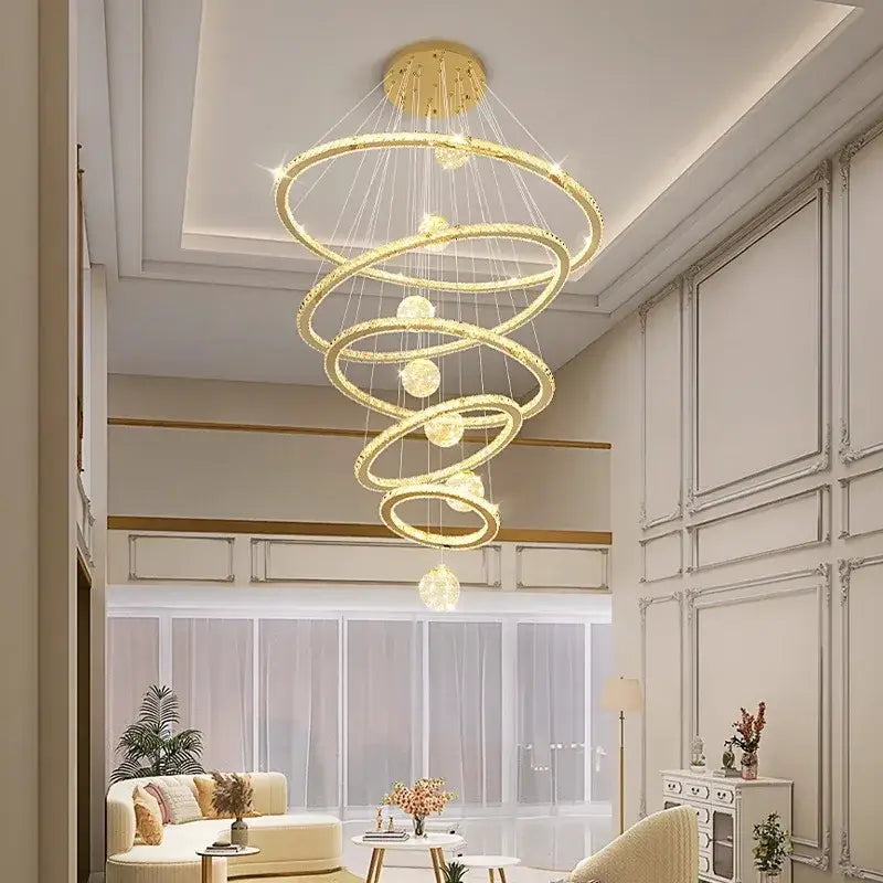 Golden spiral decorbites crystal chandelier pendant lamp with crystal accents and embedded lights for stair lighting