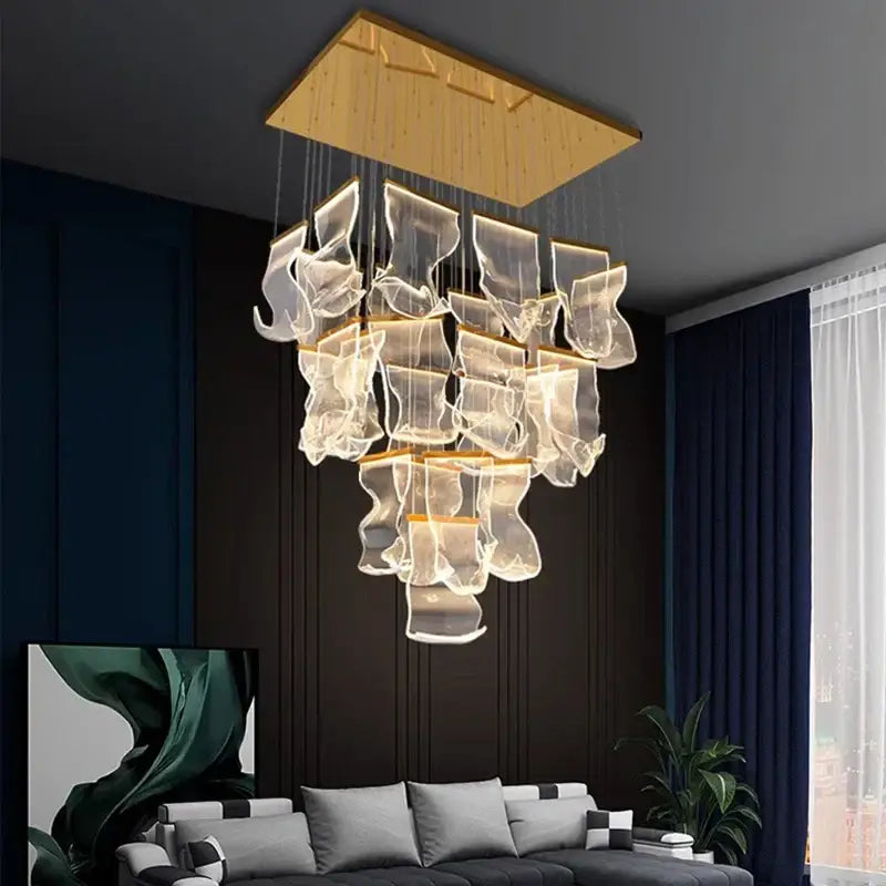 Modern rectangular decorbites crystal chandelier with translucent sculptural glass elements and wooden frame for living room lighting