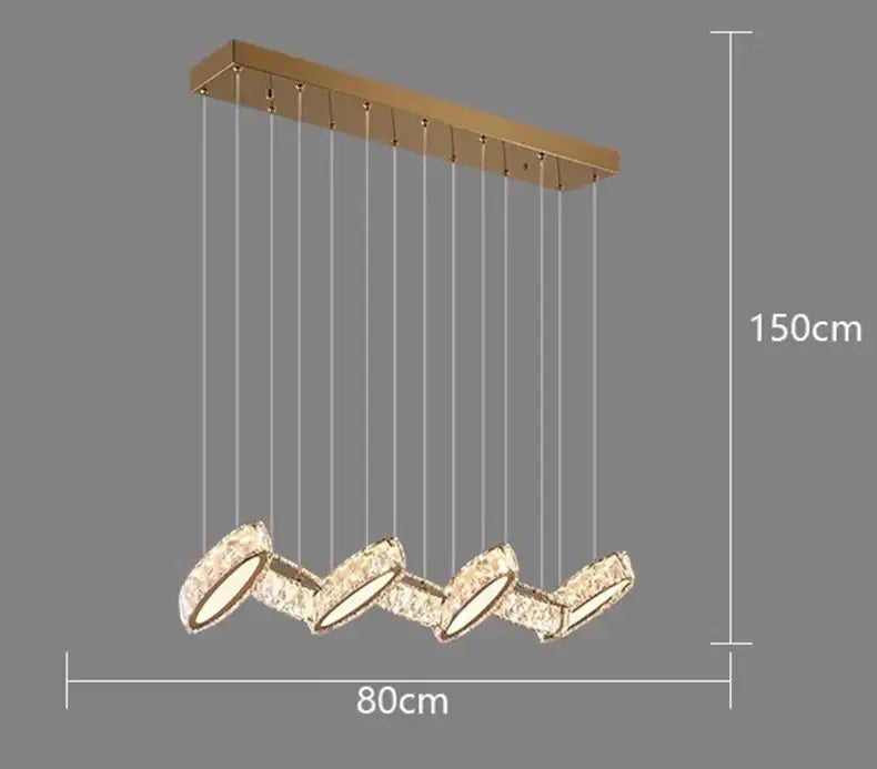 Gold-toned decorbites crystal chandelier stair pendant with four cascading crystal-encrusted circular light modules