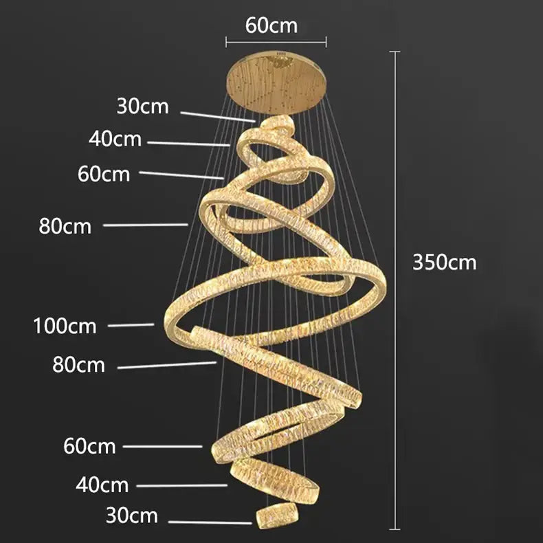 Decorbites crystal chandelier with golden spiral illuminated rings and wooden ceiling mount for modern interior decor