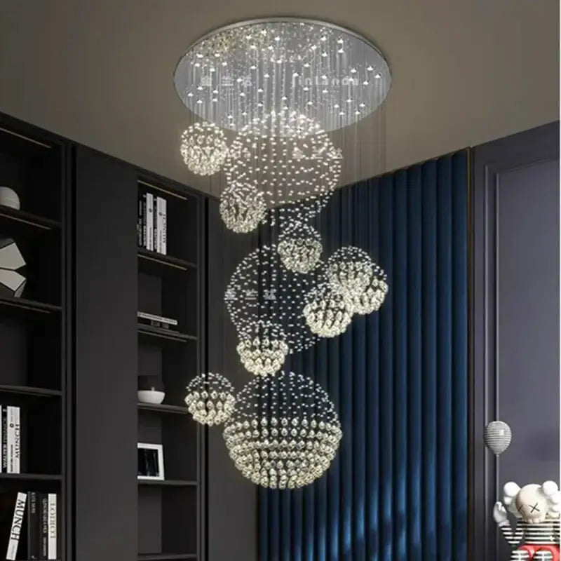 DecorBites crystal chandelier stair pendant lamp with cascading clear faceted crystals for living room lighting