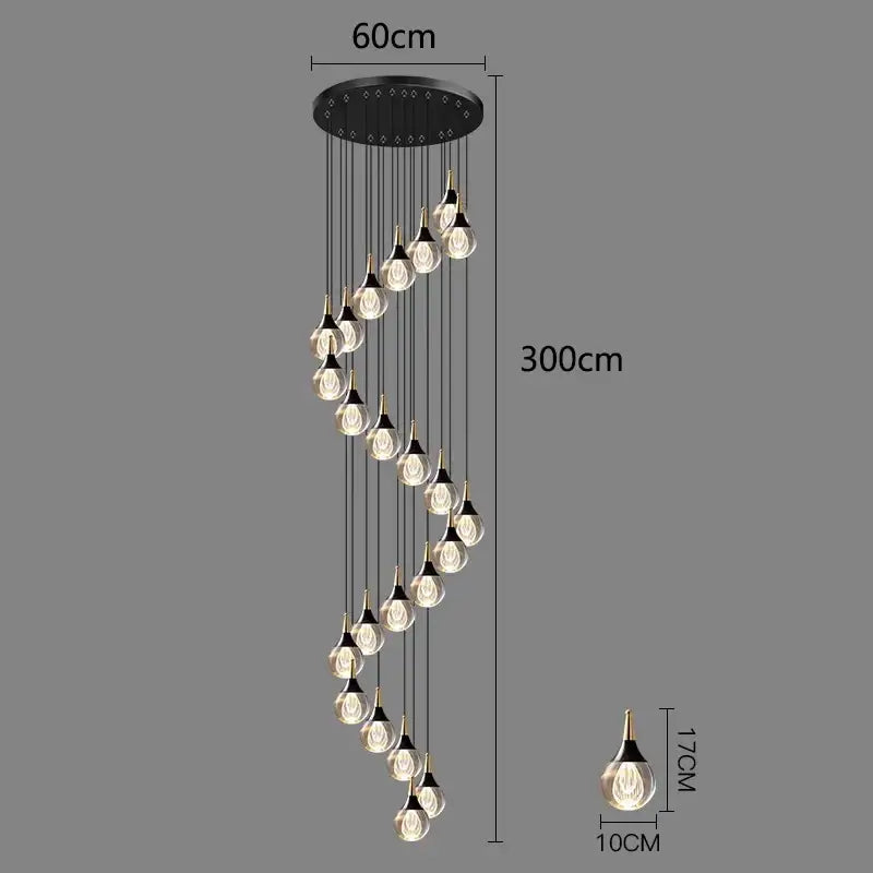 Decorbites™ crystal chandelier stair pendant lamp with 24 gold-topped teardrop glass lights in black circular fixture