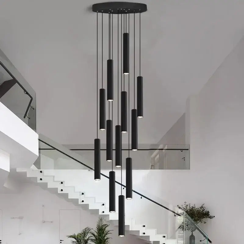 Black cylindrical pendant chandelier with modern minimalist design for living room lighting by DecorBites crystal chandelier