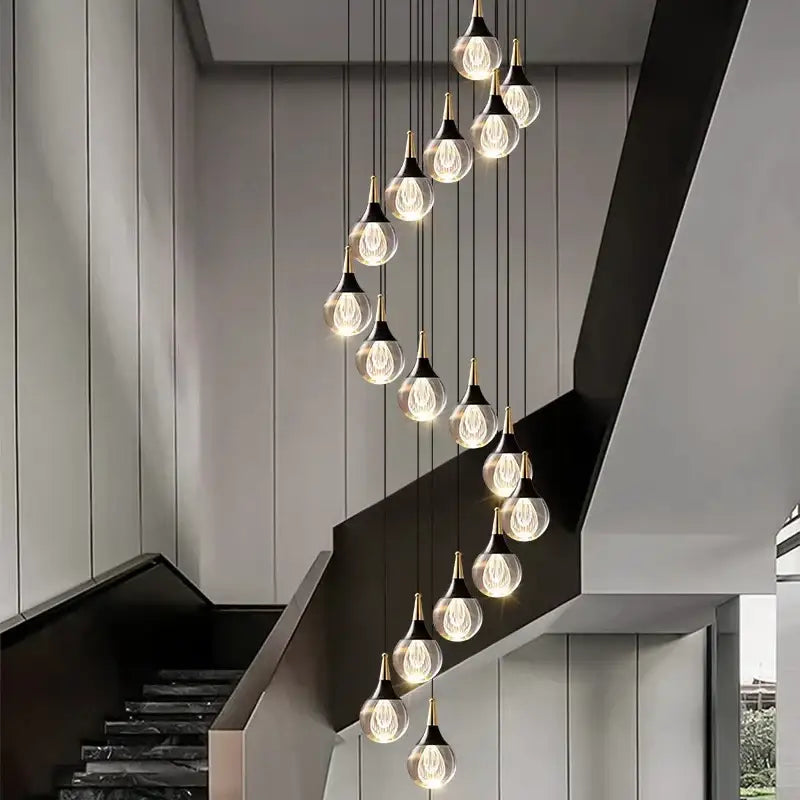 DecorBites crystal chandelier stair pendant lamp with clear glass globes and gold metal accents for living room lighting