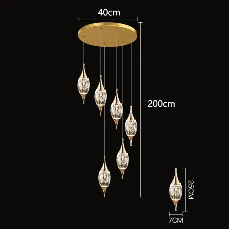 Gold-toned decorbites crystal chandelier stair pendant lamp with five teardrop-shaped crystals on brass base