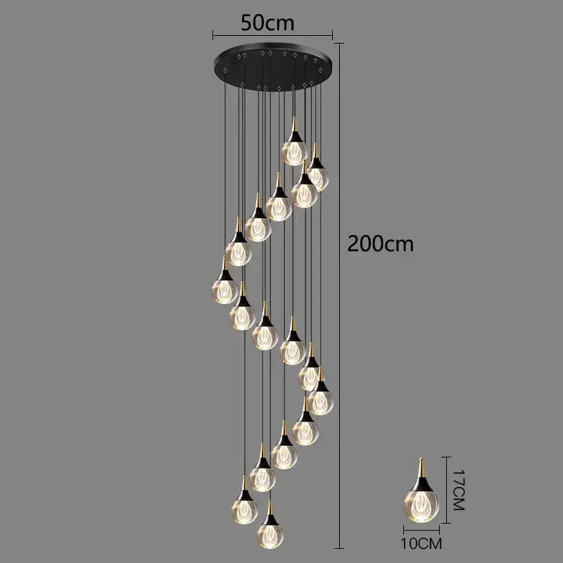Modern black circular crystal chandelier stair pendant lamp with 14 gold-toned teardrop glass lights for living room lighting