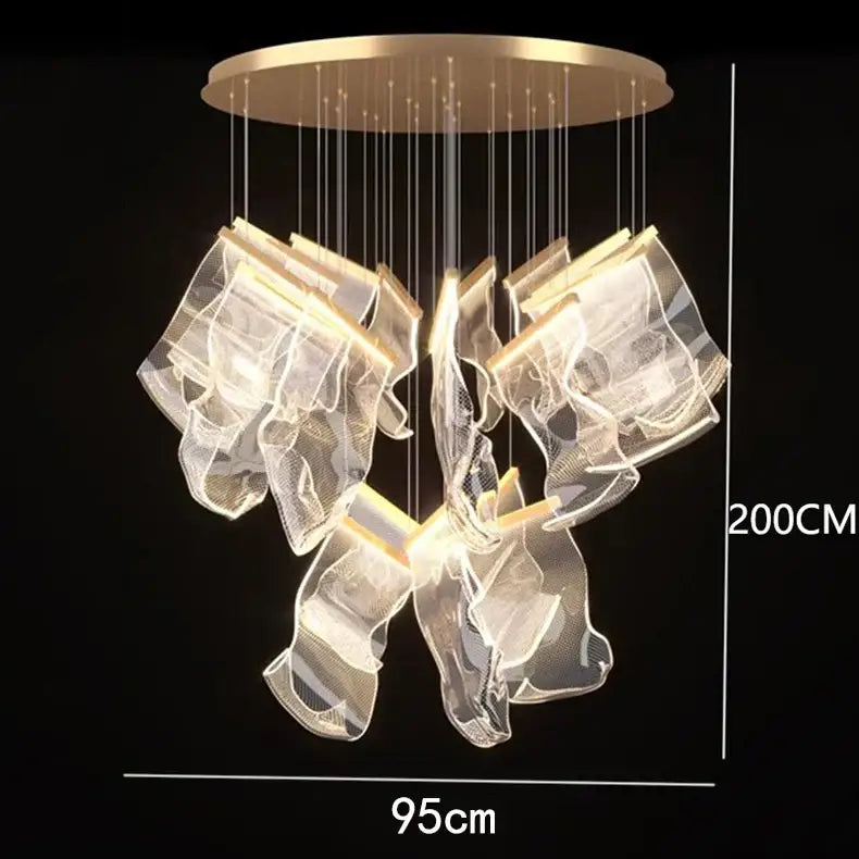 A modern 200cm tall decorbites crystal chandelier with gold ceiling mount and translucent mesh panels emitting warm light