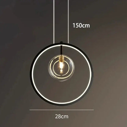 Modern black circular pendant light with glowing white led ring and exposed bulb in decorbites crystal chandelier stair lamp