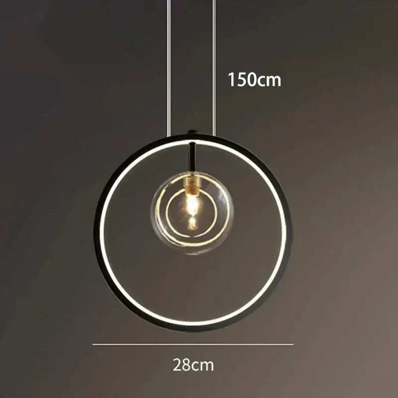Modern black circular pendant light with glowing white led ring and exposed bulb in decorbites crystal chandelier stair lamp