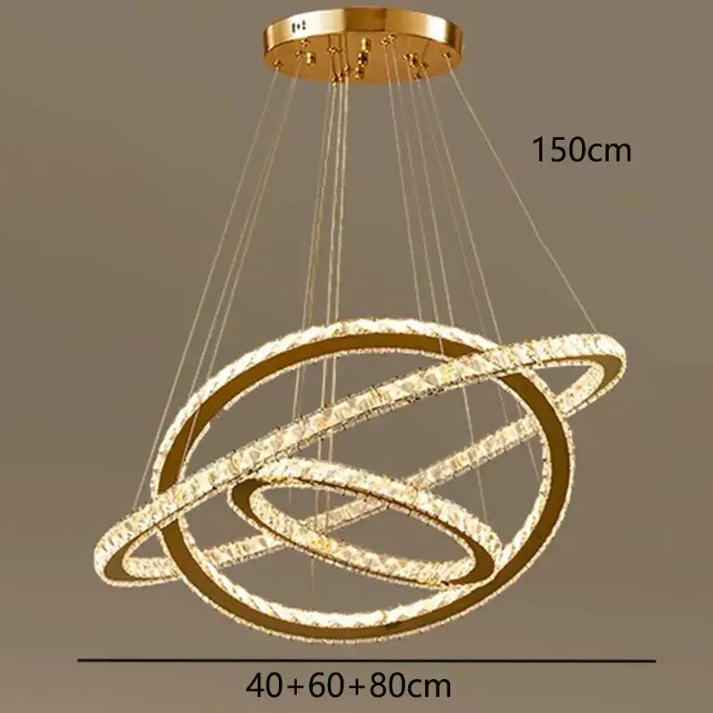 Golden ring decorbites crystal chandelier with crystal-encrusted rings and circular ceiling mount for living room lighting