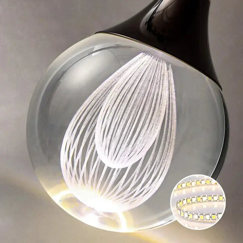 Decorbites crystal chandelier stair pendant lamp with clear glass globe white etched design and black matte top