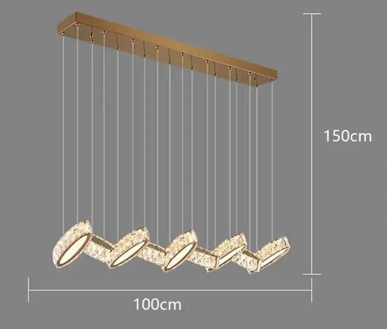 Gold-toned decorbites crystal chandelier stair pendant with five curved crystal-encrusted light modules suspended by cords