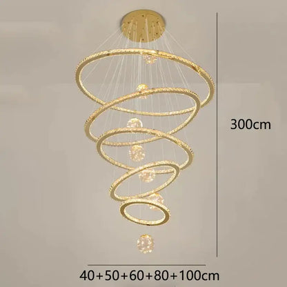Golden spiral decorbites crystal chandelier pendant lamp with concentric rings and embedded crystals for stair lighting