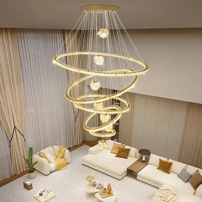 Golden spiral decorbites crystal chandelier pendant lamp with crystal accents and spherical lights for stair lighting