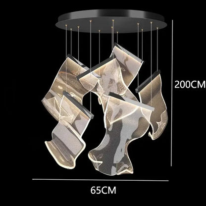 Modern black circular decorbites crystal chandelier with five translucent wave-shaped light panels for living room lighting