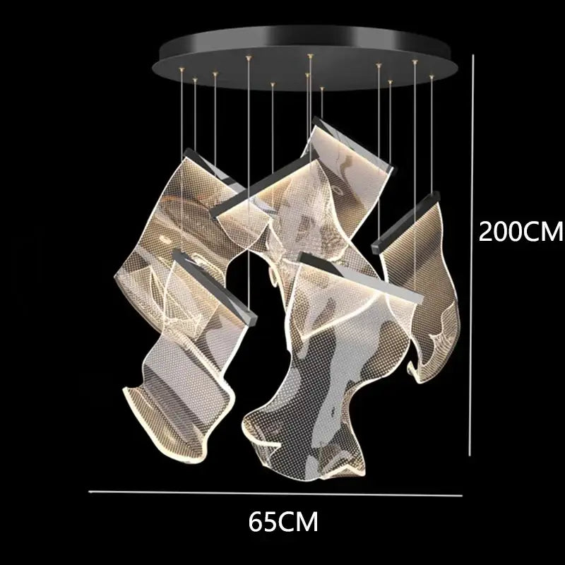 Modern black circular decorbites crystal chandelier with five translucent wave-shaped light panels for living room lighting