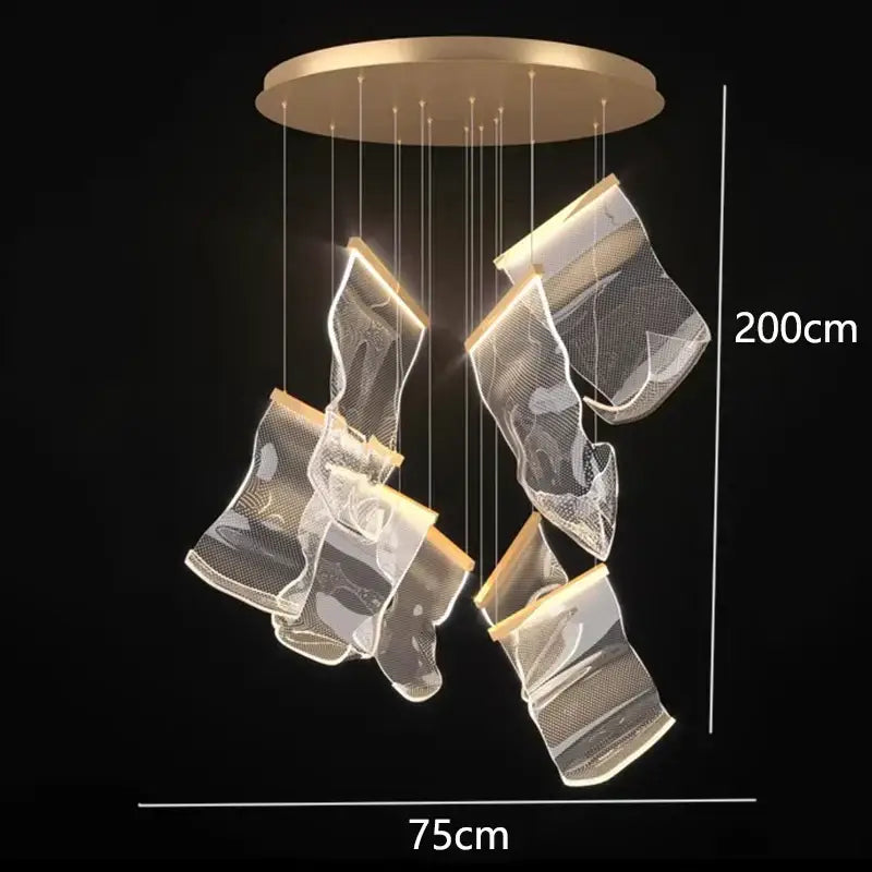 Modern gold-toned decorbites crystal chandelier stair pendant lamp with translucent mesh shades and warm led lighting