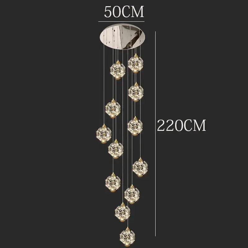 A modern DecorBites crystal chandelier stair pendant lamp with nine faceted glass orbs and polished chrome mount