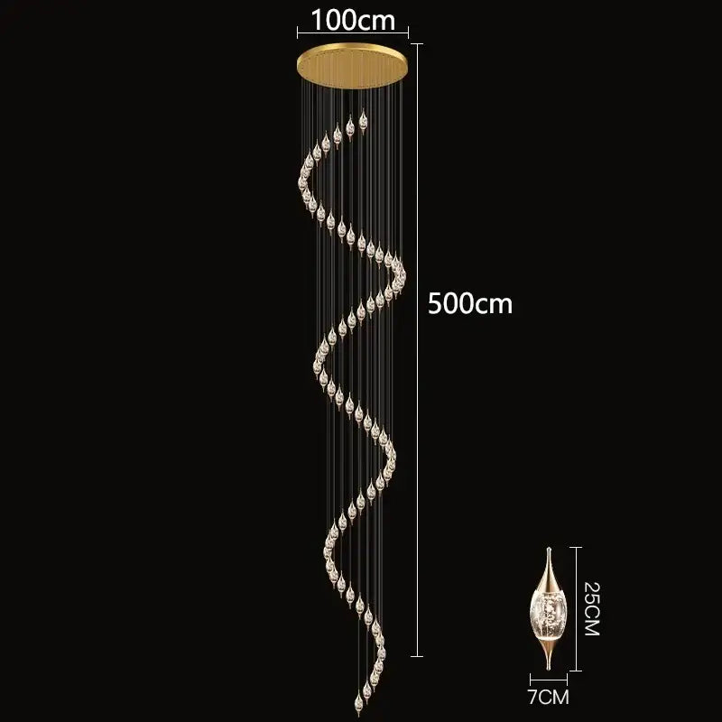 A 500cm tall decorbites crystal chandelier with gold-toned mount and cascading crystal teardrop pendants for living room lighting