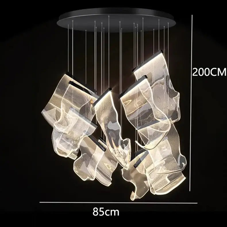 Modern decorbites crystal chandelier stair pendant lamp with flowing translucent mesh panels and sleek black base