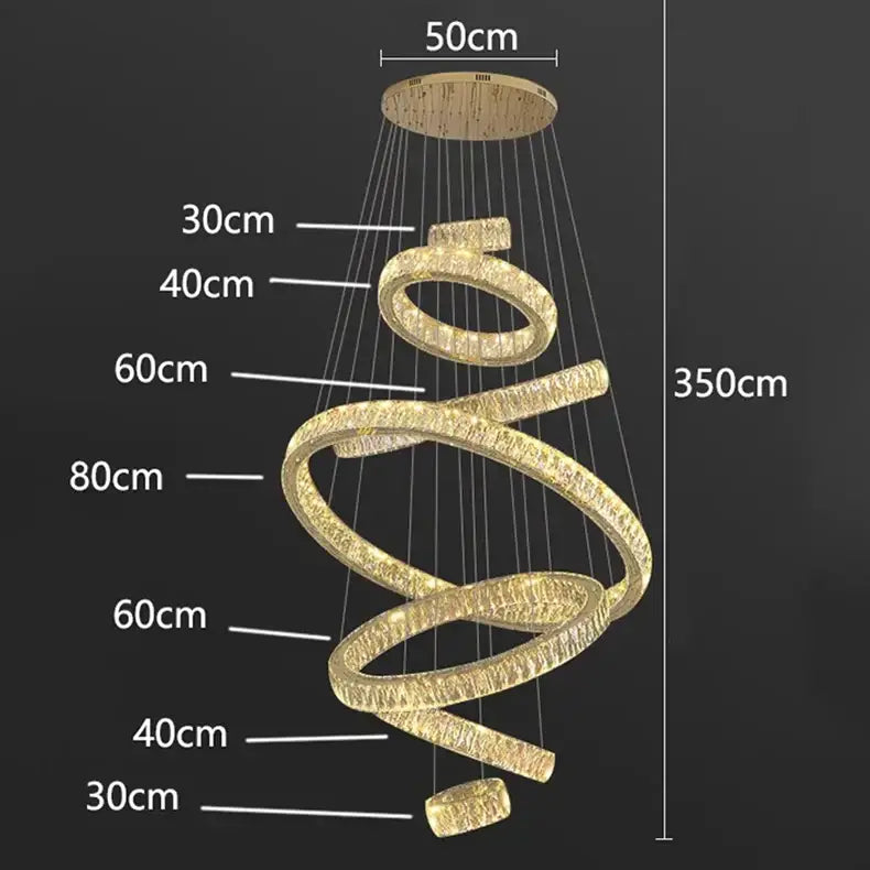 Golden spiral decorbites crystal chandelier with multiple illuminated rings for modern living room interior decor