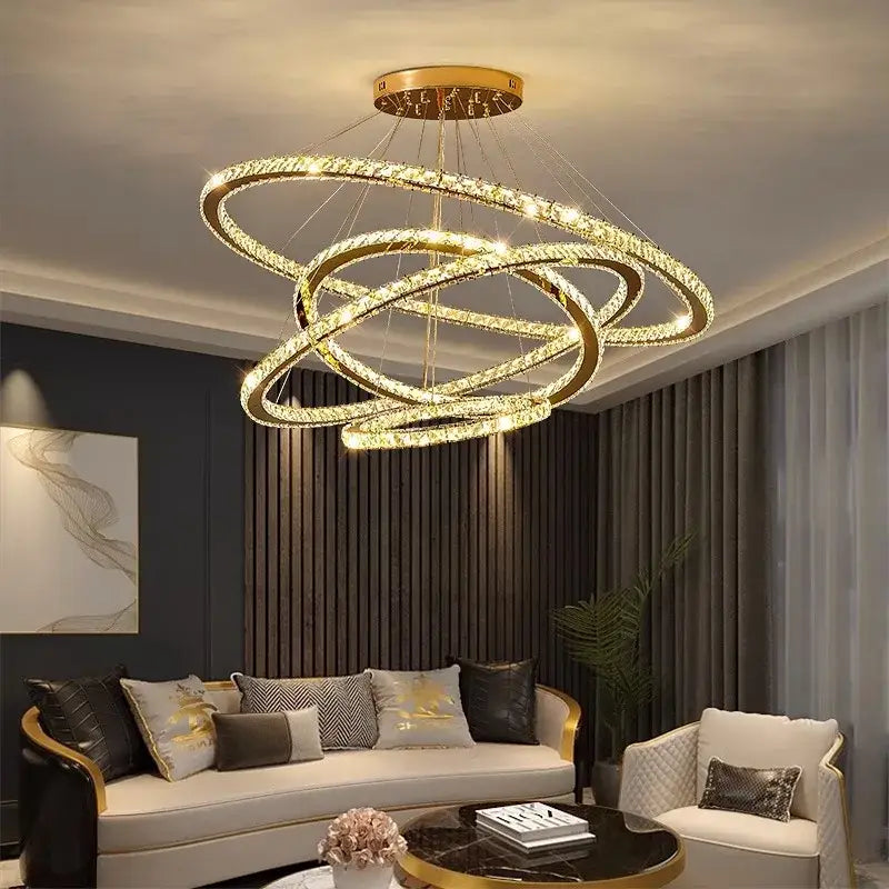 Golden decorbites crystal chandelier stair pendant lamp with interlocking rings and embedded lights for living room lighting