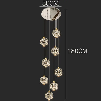 DecorBites crystal chandelier pendant lamp with seven faceted glass globes and polished chrome ceiling mount for stair lighting