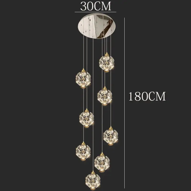 DecorBites crystal chandelier pendant lamp with seven faceted glass globes and polished chrome ceiling mount for stair lighting