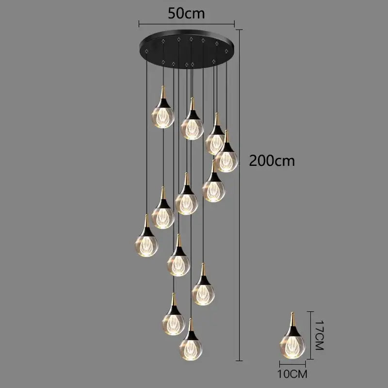 Modern black crystal chandelier stair pendant with ten gold-topped clear glass teardrop lights for living room lighting