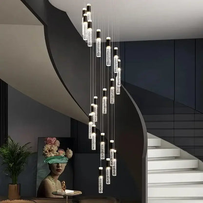 Modern decorbites crystal chandelier stair pendant lamp with clear crystal cylindrical bulbs and black accents for living room lighting