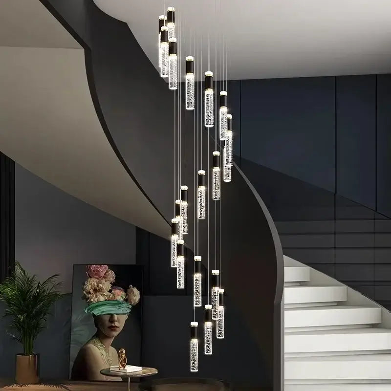Modern decorbites crystal chandelier stair pendant lamp with clear crystal cylindrical bulbs and black accents for living room lighting