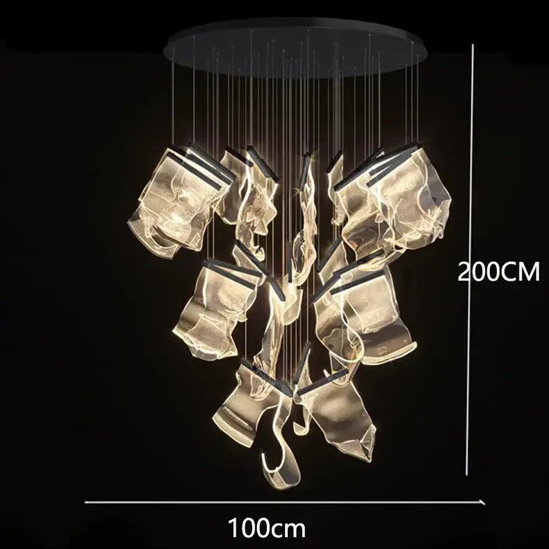 A modern 200cm tall decorbites crystal chandelier with translucent glass pieces and black ceiling mount for living room lighting