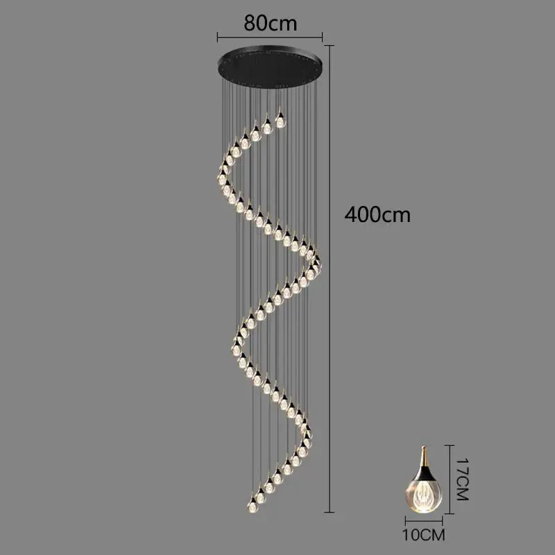 Black circular ceiling mount crystal chandelier stair pendant lamp with spiral clear crystal bulbs for living room lighting