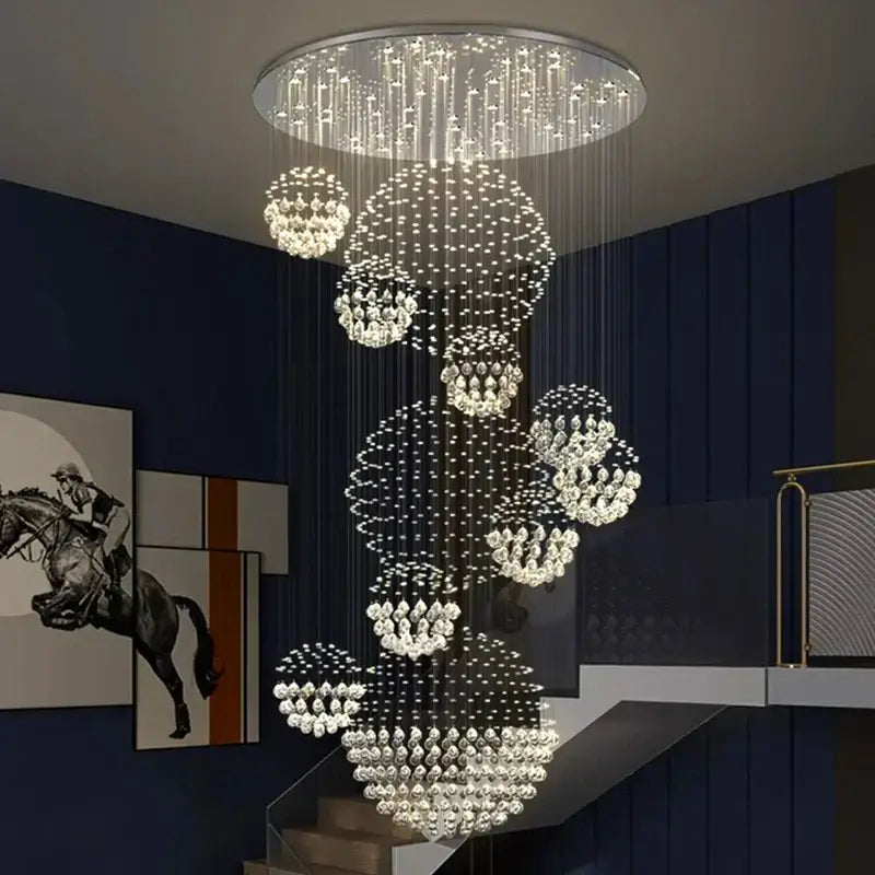 Decorbites crystal chandelier stair pendant lamp with multi-tiered clear glass beads and hanging led lights for living room lighting